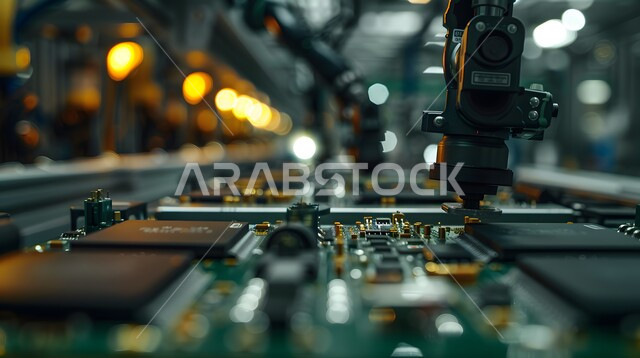 التحول الرقمي والتقدم التقني, تحسين الانتاج باستخدام الالات والمعدات الذكيه في الصناعات الالكترونيه، تطور التقنيه والتكنولوجيا الحديثه، رؤية سعودية مستقبلية 2030، صورة مقربة لأذرع الروبوتات الذكية تتعامل مع القطع الالكترونية في المصانع