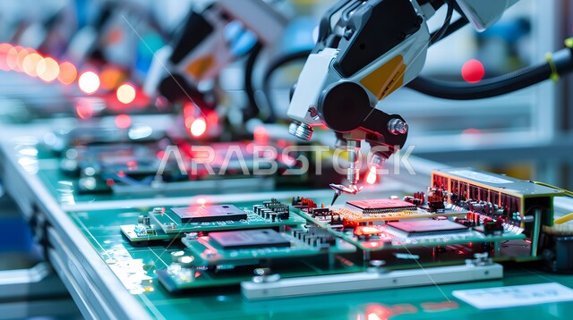 التحول الرقمي والتقدم التقني, تحسين الانتاج باستخدام الالات والمعدات الذكيه في الصناعات الالكترونيه، تطور التقنيه والتكنولوجيا الحديثه، رؤية سعودية مستقبلية 2030، صورة مقربة لأذرع الروبوتات الذكية تتعامل مع القطع الالكترونية في المصانع