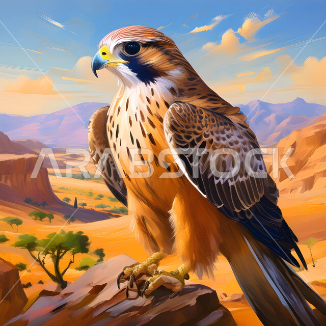 التصاميم الجدارية ثلاثية الابعاد, اللوحات الفنية للطيور البرية, لوحة زيتية لطائر الصقر الجارح يقف على صخرة في إحدى المحميات الطبيعية، مفهوم التربية والتدريب في البراري، مفهوم الفنون التشكيلية