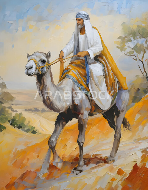 وسائل النقل والمواصلات القديمة، صورة بالألوان الزيتيه لرجل عربي خليجي سعودي يمتطي ناقته، رعاية الجمل في صحراء المملكة العربيه السعودية، مفهوم السفر على حيوان الابل، العناية وتربية المواشي في الصحاري، الفنون التشكيلية المتميزة