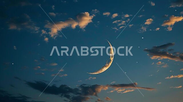 منظر الهلال المضيء في السماء مع الغيوم المتفرقة فوق المدينة، هلال شهر رمضان المبارك، الاستمتاع بالمناظر الطبيعية المتميزة، خلفيات الطبيعة