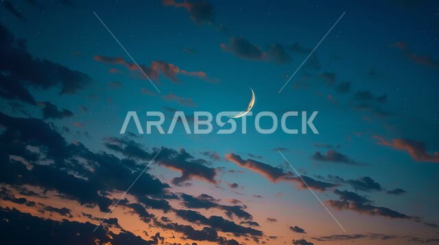 منظر الهلال المضيء في السماء مع الغيوم المتفرقة فوق المدينة، هلال شهر رمضان المبارك، الاستمتاع بالمناظر الطبيعية المتميزة، خلفيات الطبيعة