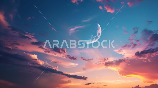 منظر الهلال المضيء في السماء مع الغيوم المتفرقة فوق المدينة، هلال شهر رمضان المبارك، الاستمتاع بالمناظر الطبيعية المتميزة، خلفيات الطبيعة