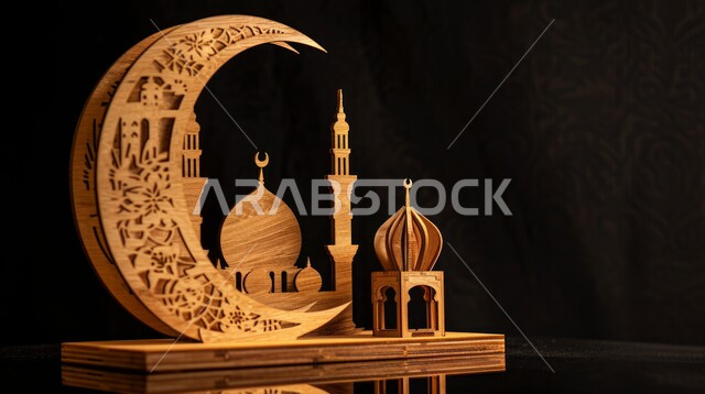 العبادة والتقرب الى الله في شهر رمضان المبارك، تصاميم وزينة فاخرة، أجواء رمضانية روحانية، المناسبات والاعياد الدينية، مجسم ثلاثي الابعاد لمسجد على الطراز الاسلامي مع هلال الشهر، خلفية سوداء