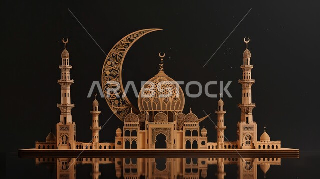 العبادة والتقرب الى الله في شهر رمضان المبارك، تصاميم وزينة فاخرة، أجواء رمضانية روحانية، المناسبات والاعياد الدينية، مجسم ثلاثي الابعاد لمسجد على الطراز الاسلامي مع هلال الشهر، خلفية سوداء