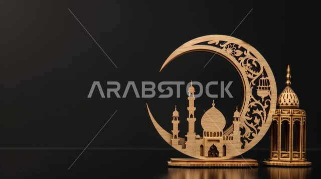 العبادة والتقرب الى الله في شهر رمضان المبارك، تصاميم و فانوس وزينة فاخرة، أجواء رمضانية روحانية، المناسبات والاعياد الدينية، مجسم ثلاثي الابعاد لمسجد على الطراز الاسلامي مع هلال الشهر، خلفية سوداء