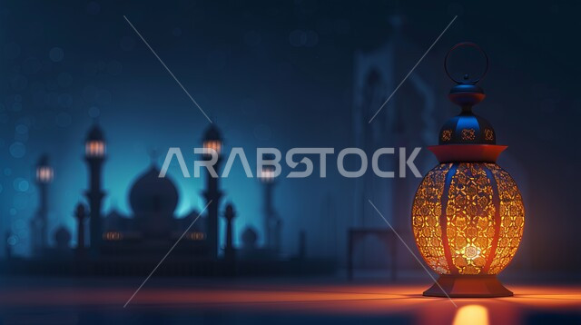 البهجة والفرح بقدوم شهر الخير، صورة مقربة للمصابيح المضيئة ليلا, ديكورات وزينة رمضان المبارك, الفوانيس المعدنية التقليدية المزخرفة في الأجواء الروحانية، الاحتفال بالمناسبات والأعياد الدينية، خلفية المساجد الاسلامية