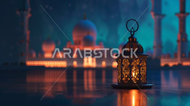 البهجة والفرح بقدوم شهر الخير، صورة مقربة للمصابيح المضيئة ليلا, ديكورات وزينة رمضان المبارك, الفوانيس المعدنية التقليدية المزخرفة في الأجواء الروحانية، الاحتفال بالمناسبات والأعياد الدينية، خلفية المساجد الاسلامية
