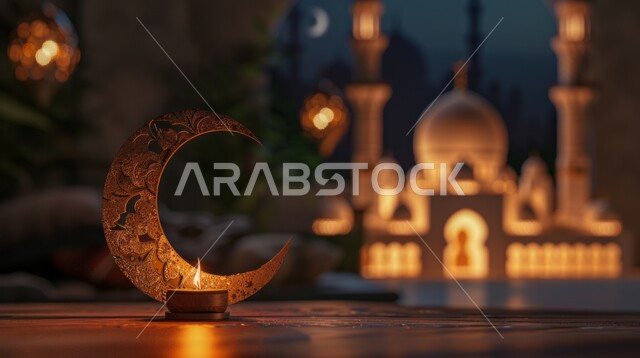 Joy and happiness with the arrival of the month of goodness, a close-up of a crescent with a lit candle at night, decorations and adornments of the blessed Ramadan, traditional decorative metal artifacts in a spiritual atmosphere, celebrating religious occasions and holidays, the background of Islamic mosques