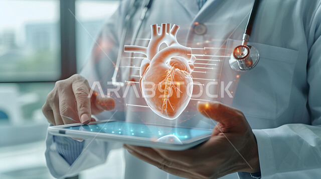 تطور المجال العلمي والصحي، الرؤية السعودية المستقبلية 2030, الذكاء الإصطناعي المتقدم في المستشفيات، التقدم التكنولوجي الرقمي في الطب، صورة مقربة من الجانب لطبيب عربي خليجي سعودي يحمل بيده جهاز التابلت ينظر إلى صورة قلب بتقنية الهولوجرام