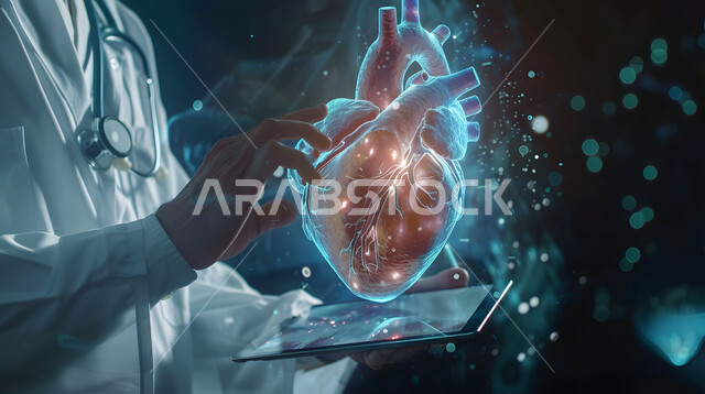 الذكاء الإصطناعي المتقدم في المستشفيات، تطور التكنولوجيا في المجال العلمي والصحي، الرؤية السعودية المستقبلية 2030، التقدم الرقمي التكنولوجي في الطب، صورة مقربة لطبيب عربي خليجي سعودي يحمل بيده جهاز التابلت يشير إلى صورة قلب بتقنية الهولوجرام
