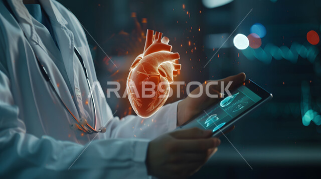The development of the scientific and health field, the Saudi future vision 2030, advanced artificial intelligence in hospitals, digital technological progress in medicine, a close-up photo from the side of a Saudi Gulf Arab doctor holding a tablet in his hand looking at an image of a heart using hologram technology.