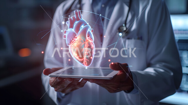 التقدم التكنولوجي الرقمي في الطب، تطور التكنولوجيا في المجال العلمي والصحي، الرؤية السعودية المستقبلية 2030, الذكاء الإصطناعي المتقدم في المستشفيات، صورة مقربة من الجانب لطبيب عربي خليجي سعودي يحمل بيده جهاز التابلت ينظر إلى صورة قلب بتقنية الهولوجرام