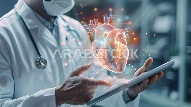 التقدم التكنولوجي الرقمي في الطب، تطور التكنولوجيا في المجال العلمي والصحي، الرؤية السعودية المستقبلية 2030, الذكاء الإصطناعي المتقدم في المستشفيات، صورة مقربة من الجانب لطبيب عربي خليجي سعودي يحمل بيده جهاز التابلت ينظر إلى صورة قلب بتقنية الهولوجرام