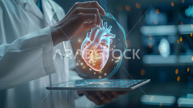 الذكاء الإصطناعي المتقدم في المستشفيات، الرؤية السعودية المستقبلية 2030، تطور التكنولوجيا في المجال العلمي والصحي، التقدم الرقمي التكنولوجي في الطب، صورة مقربة لطبيب عربي خليجي سعودي يحمل بيده جهاز التابلت يشير إلى صورة قلب بتقنية الهولوجرام
