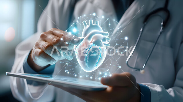 Future Saudi Vision 2030, development of technology in the scientific and health field, digital technological progress in medicine, advanced artificial intelligence in hospitals, a close-up photo of a Saudi Gulf Arab doctor holding a tablet in his hand pointing to an image of a heart using hologram technology.