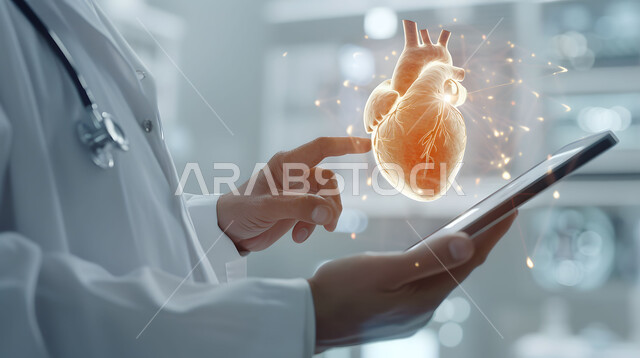 Advanced artificial intelligence in hospitals, the Saudi future vision 2030, the development of technology in the scientific and health field, digital technological progress in medicine, a close-up photo of a Saudi Gulf Arab doctor holding a tablet in his hand pointing to an image of a heart using hologram technology.