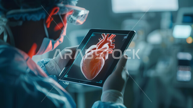 التقدم الرقمي التكنولوجي في الطب، تطور التكنولوجيا في المجال العلمي والصحي، الذكاء الإصطناعي المتقدم في المستشفيات، الرؤية السعودية المستقبلية 2030, صورة مقربة من الجانب لطبيب عربي خليجي سعودي يحمل بيده جهاز التابلت ينظر إلى صورة قلب بتقنية الهولوجرام