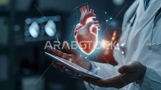 الرؤية السعودية المستقبلية 2030, التقدم الرقمي التكنولوجي في الطب، تطور التكنولوجيا في المجال العلمي والصحي، الذكاء الإصطناعي المتقدم في المستشفيات، صورة مقربة من الجانب لطبيب عربي خليجي سعودي يحمل بيده جهاز التابلت ينظر إلى صورة قلب بتقنية الهولوجرام