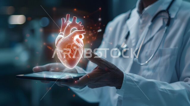 تطور التكنولوجيا في المجال العلمي والصحي، الرؤية السعودية المستقبلية 2030، التقدم الرقمي التكنولوجي في الطب، الذكاء الإصطناعي المتقدم في المستشفيات، صورة مقربة لطبيب عربي خليجي سعودي يحمل بيده جهاز التابلت يشير إلى صورة قلب بتقنية الهولوجرام