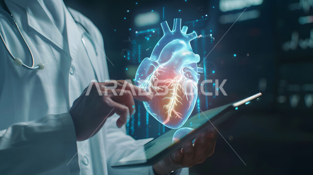 تطور التكنولوجيا في المجال العلمي والصحي، الرؤية السعودية المستقبلية 2030، التقدم الرقمي التكنولوجي في الطب، الذكاء الإصطناعي المتقدم في المستشفيات، صورة مقربة لطبيب عربي خليجي سعودي يحمل بيده جهاز التابلت يشير إلى صورة قلب بتقنية الهولوجرام