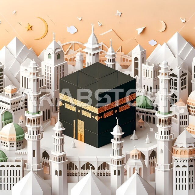 The Holy Mosque of Mecca in 3D illustration showing the Kaaba with the domes and minarets of the Prophet's Mosque, the most important religious and Islamic center in the world, Mecca in the Kingdom of Saudi Arabia, a symbol of the Islamic religion, religious wallpapers and drawings