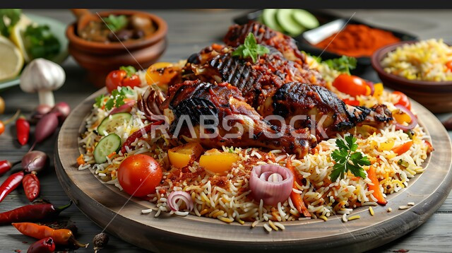 صحن من رز الكبسة، طبق من أرز المندي مع الدجاج المشوي والخضار الطازجة، أطباق ومأكولات عربية سعودية تقليدية، وصفات الطعام الشعبية الشهية، فنون تقديم الطعام في المطاعم الشرقية