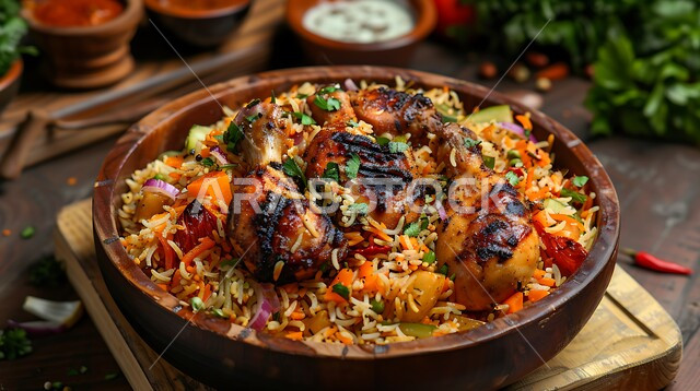 طبق من أرز المندي مع الدجاج المشوي والخضار الطازجة، أطباق ومأكولات عربية سعودية تقليدية، صحن من رز الكبسة، وصفات الطعام الشعبية الشهية، فنون تقديم الطعام في المطاعم الشرقية