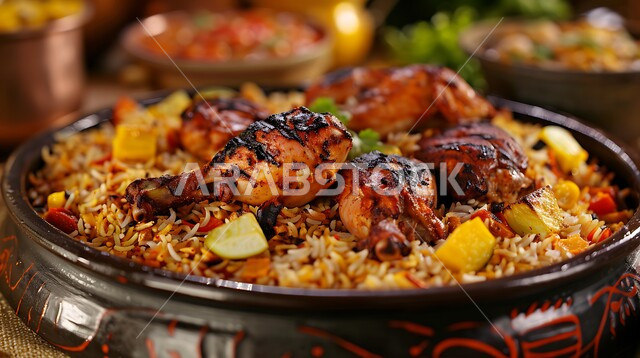 Traditional Saudi Arabian dishes and foods, a plate of Mandi rice with ...