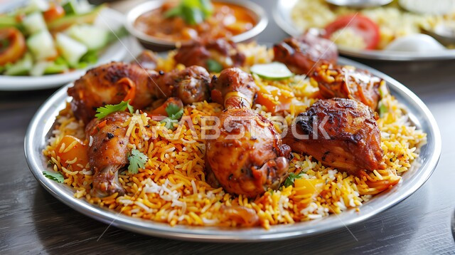طبق من أرز المندي مع الدجاج المشوي والخضار الطازجة، مأكولات وأطباق عربية سعودية تقليدية، صحن من رز الكبسة، وصفات الطعام الشعبية الشهية، فنون تقديم الطعام في المطاعم الشرقية
