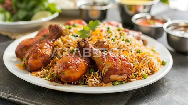 طبق من أرز المندي مع الدجاج المشوي والخضار الطازجة، صحن من رز الكبسة، وصفات الطعام الشعبية الشهية، فنون تقديم الطعام في المطاعم الشرقية، أطباق ومأكولات عربية سعودية تقليدية