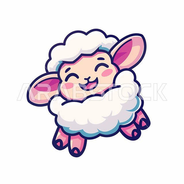 المناسبات والأعياد الدينية الإسلامية ، أضحية عيد الأضحى المبارك ، رسومات توضيحية كرتونية ثلاثية الأبعاد لخاروف أبيض لطيف ، مسلسلات و أفلام كرتون للأطفال ، خلفية بيضاء