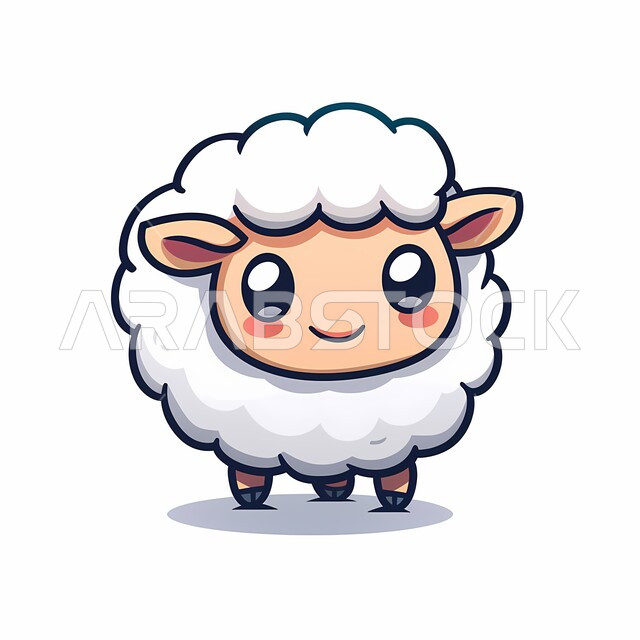 الاحتفال بالمناسبات والأعياد الدينية الإسلامية ، أضحية عيد الأضحى المبارك ، رسومات توضيحية كرتونية ثلاثية الأبعاد لخاروف أبيض لطيف ، مسلسلات و أفلام كرتون للأطفال ، خلفية بيضاء