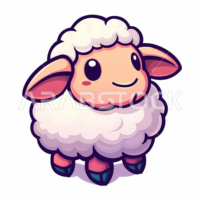 Islamic religious holidays and occasions, Eid al-Adha sacrifice, 3D cartoon illustration of cute white sheep, cartoon series and movies for children, white background