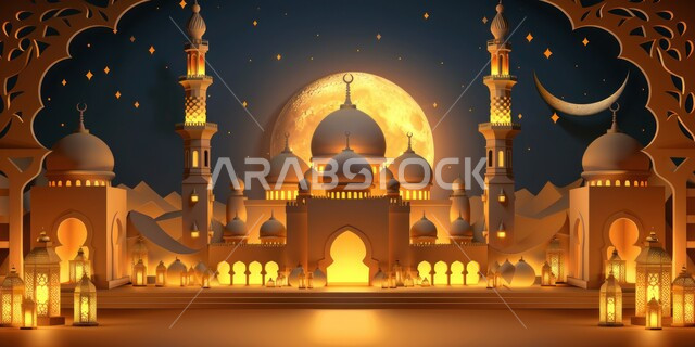 مسجد عربي فاخر، تصاميم وديكورات متميزة على الطراز الاسلامي للقبب والمآذن المضيئة ليلا، الفن الهندسي المعماري للمساجد، العبادة والتقرب إلى الله، آداء الفرائض والصلوات، خلفيات دينية رمضانية