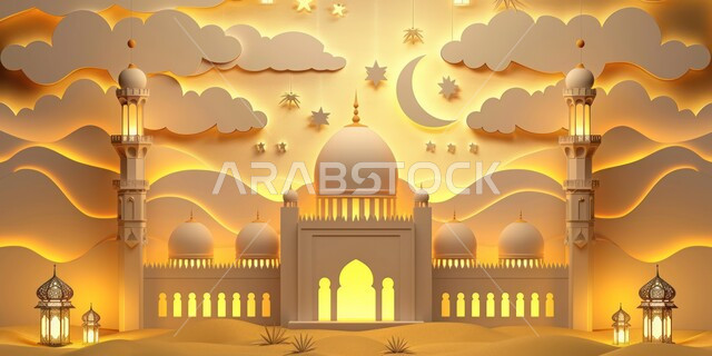 تصاميم وديكورات متميزة على الطراز الاسلامي للقبب والمآذن المضيئة ليلا، الفن الهندسي المعماري للمساجد، مسجد عربي فاخر، العبادة والتقرب إلى الله، آداء الفرائض والصلوات، خلفيات دينية رمضانية