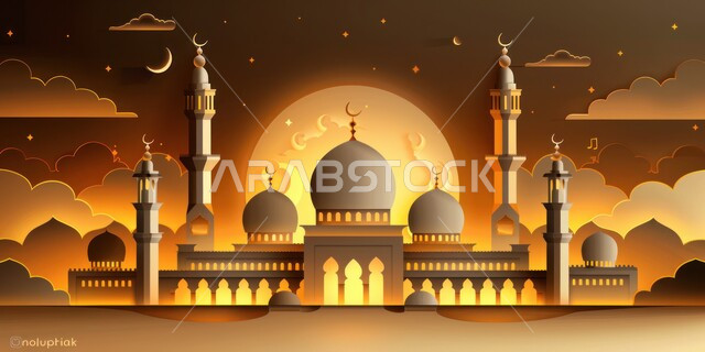 ديكورات وتصاميم متميزة على الطراز الاسلامي للقبب والمآذن المضيئة ليلا، الفن الهندسي المعماري للمساجد، مسجد عربي فاخر، العبادة والتقرب إلى الله، آداء الفرائض والصلوات، خلفيات دينية رمضانية