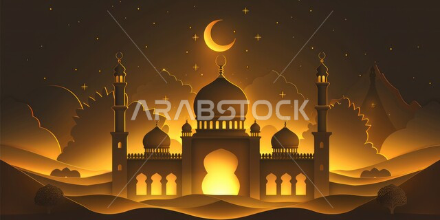 مشهد الهلال في السماء، الفن الهندسي المعماري للمساجد، ديكورات وتصاميم متميزة على الطراز الاسلامي للقبب والمآذن المضيئة ليلا، مسجد عربي فاخر، العبادة والتقرب إلى الله، آداء الفرائض والصلوات، خلفيات دينية رمضانية