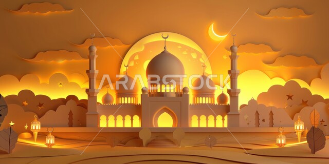 الفن الهندسي المعماري للمساجد، منظر الهلال في السماء، ديكورات وتصاميم متميزة على الطراز الاسلامي للقبب والمآذن المضيئة ليلا، مسجد عربي فاخر، العبادة والتقرب إلى الله، آداء الفرائض والصلوات، خلفيات دينية رمضانية
