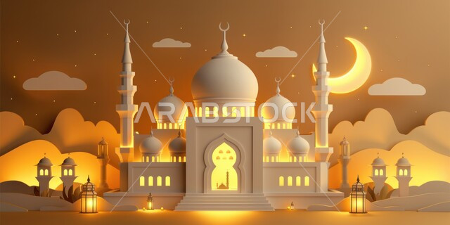منظر الهلال في السماء، الفن الهندسي المعماري للمساجد، ديكورات وتصاميم متميزة على الطراز الاسلامي للقبب والمآذن المضيئة ليلا، مسجد عربي فاخر، العبادة والتقرب إلى الله، آداء الفرائض والصلوات، خلفيات دينية رمضانية