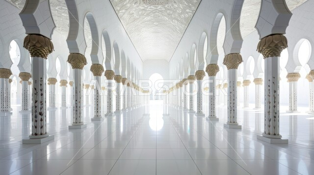 Islamic and religious landmarks in the United Arab Emirates, interior design and architectural art of columns in mosques, the inner sanctum of Sheikh Zayed bin Sultan Al Nahyan Mosque in Abu Dhabi, worship and closeness to God, Islamic background