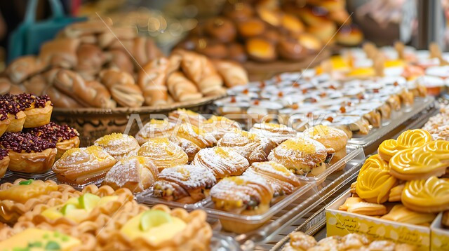 Traditional Arabic pastries in a store, pastries from Saudi cuisine, serving sweets on Islamic occasions and holidays, delicious food recipes, distinctive arts in preparing and displaying products, popular Arabic foods