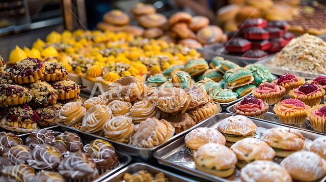 Traditional Arabic pastries in a store, pastries from Saudi cuisine, serving sweets on Islamic occasions and holidays, delicious food recipes, distinctive arts in preparing and displaying products, popular Arabic foods