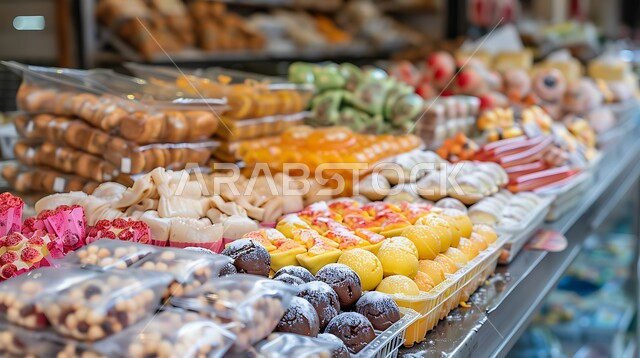 حلويات من المطبخ السعودي, تقديم الحلا في المناسبات والأعياد الاسلامية ,وصفات طعام لذيذة ,الحلويات العربية التقليدية في إحدى المتاجر ,الفنون المميزة في اعداد و عرض المنتجات ,المأكولات العربية الشعبية