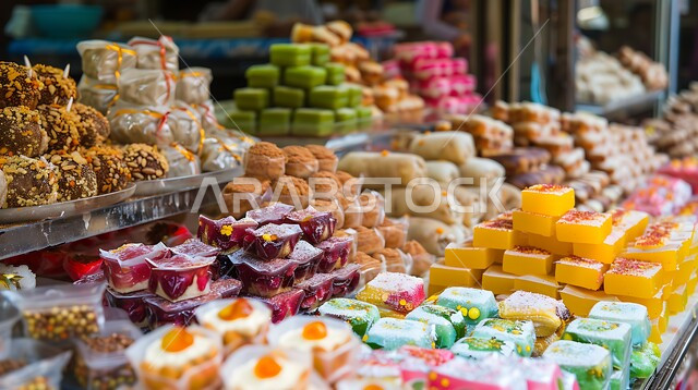 حلويات من المطبخ السعودي, تقديم الحلا في المناسبات والأعياد الاسلامية ,وصفات طعام لذيذة ,الحلويات العربية التقليدية في إحدى المتاجر ,الفنون المميزة في اعداد و عرض المنتجات ,المأكولات العربية الشعبية