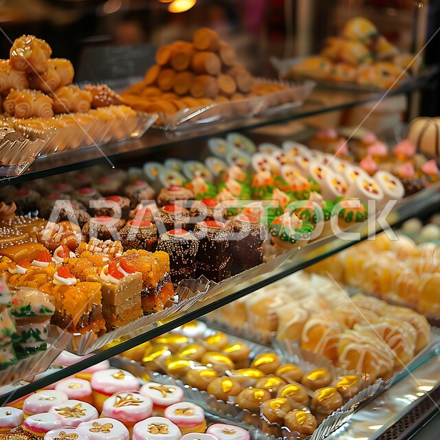 معجنات و حلويات من المطبخ السعودي, تقديم الحلا في المناسبات والأعياد الاسلامية ,وصفات طعام لذيذة ,الحلويات العربية التقليدية في إحدى المتاجر ,الفنون المميزة في اعداد و عرض المنتجات ,المأكولات العربية الشعبية