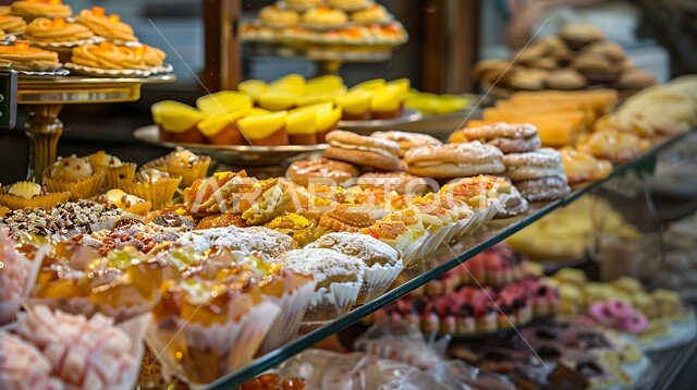 معجنات و حلويات من المطبخ السعودي, تقديم الحلا في المناسبات والأعياد الاسلامية ,وصفات طعام لذيذة ,الحلويات العربية التقليدية في إحدى المتاجر ,الفنون المميزة في اعداد و عرض المنتجات ,المأكولات العربية الشعبية