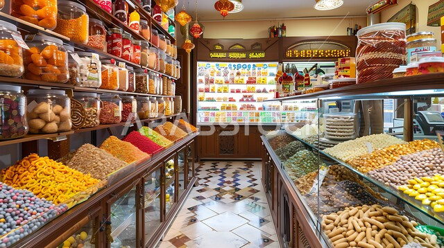 تقديم الحلا في المناسبات والأعياد الاسلامية ,وصفات طعام لذيذة ,الحلويات العربية التقليدية في إحدى المتاجر ,فن اعداد و عرض المنتجات ,المأكولات العربية الشعبية, حلويات من المطبخ السعودي