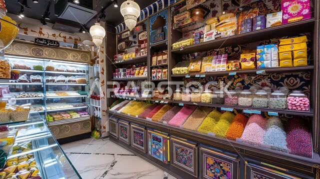 Providing sweets on Islamic occasions and holidays, delicious food recipes, traditional Arabic sweets in a store, the art of preparing and displaying products, popular Arabic foods, sweets from Saudi cuisine.