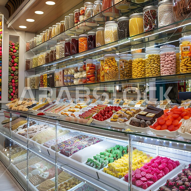 The art of preparing and displaying products, popular Arabic foods, sweets from Saudi cuisine, serving sweets on Islamic occasions and holidays, delicious food recipes, traditional Arabic sweets in a store.